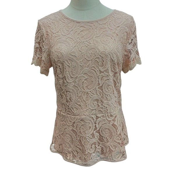 Adrianna Papell Women's Latte Lace Overlay Peplum Blouse Top Size M Beige - Picture 2 of 12